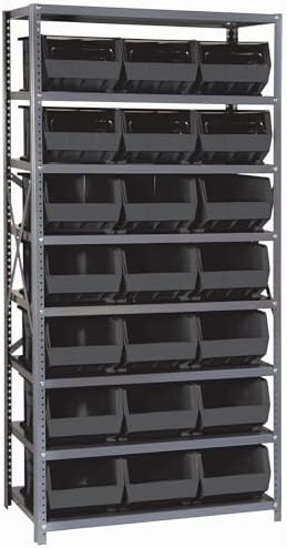 Quantum Storage Systems QSBU-255BK Giant Open Hopper Steel Shelving System, 18" D x 36" W x 75" H, with 8 Shelves and 21 QUS255 Bins, Black by QuantumStorageSystems