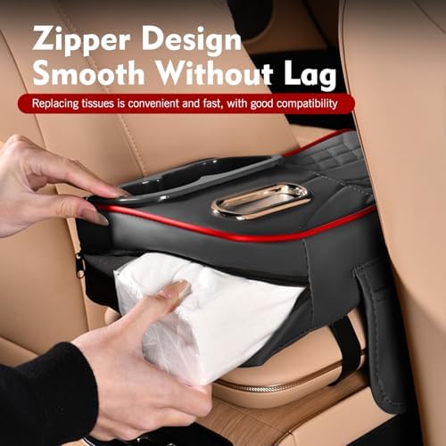 Car Center Console Cover, Waterproof Leather Multifunctional Armrest Booster Pillow with 2 Storage Bags Cup Holder, Tissue Box Slot, Universal for Most Cars with Pack of Tissues (Black & Red) - Image 6