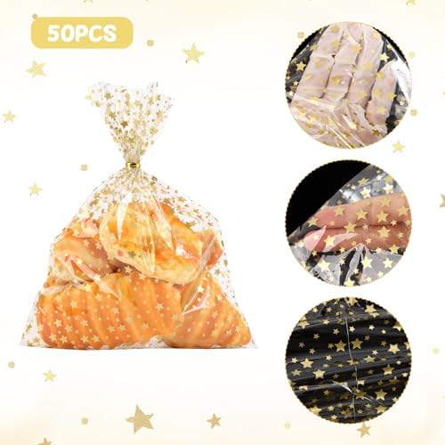 COQOFA 9"X 12" Gift Wrap Cello Cellophane Treat Bags Party Favor bags Clear Candy Cookie Bags Plastic Poly Goodie Storage Bags for Bakery,Birthday, Wedding,Party 50 pcs Gold - Image 3