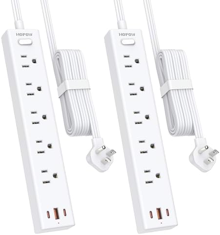 2 Pack Surge Protector Power Strip, 5AC&1A2C, 10FT Flat Plug Extension Cord by HOPOW