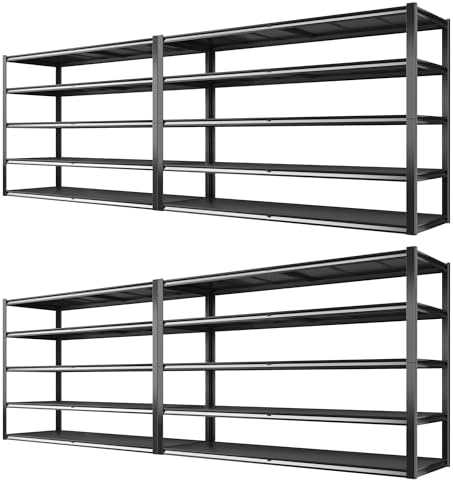 REIBII 78" H Storage Shelves, Garage Shelving Heavy Duty Load 3000LBS, Adjustable Garage Shelving, 5 Tier Metal Shelves Unit for Storage Rack, Basement, 55" W x 26" D x 78" H, Black, 4 Pack by REIBII