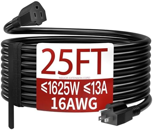 Skrizcable 16/3 25 FT Indoor Black Extension Cord Waterproof, Power Cord by Skrizcable
