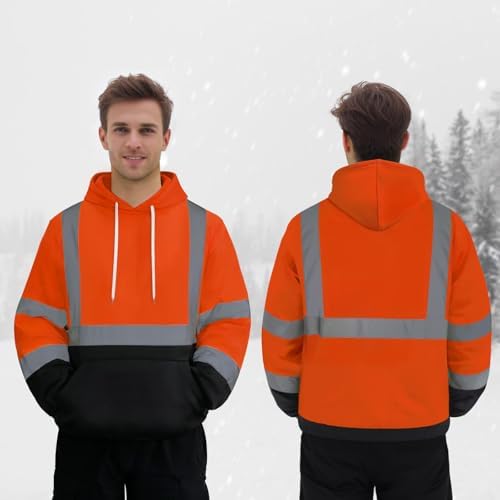 TCCFCCT Safety Jackets for Men Reflective Safety Work Hoodies, Class 3 High Visibility Hoodie for Men Women, Hi Vis Hoodies for Surveyors, Dirt-resistant with Black Bottom Part, WT-Orange L - Image 5