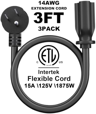 POWGRN 3FT 3 Pack 14/3 Black Flat Plug Extension Cord, Low Profile Indoor - Image 2