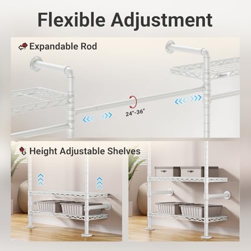 Timate F4 Wall Mounted Clothes Rack Industrial Pipe Clothing Rack for Hanging Clothes, Expandable Garment Rack Heavy Duty Wardrobe Closet Organizer and Storage, Adjustable Industrial Closet Kit, White - Image 6