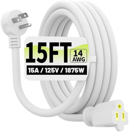 Vockjour 15 FT 14 Gauge Low Profile Flat Plug Extension Cord White by Vockjour