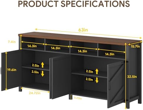 knoworld Buffet Sideboard with Storage Farmhouse, Large Kitchen Storage Cabinet Wood Coffee Bar Cabinet Buffet for Kitchen, Living Room, 63in, Black - Image 2