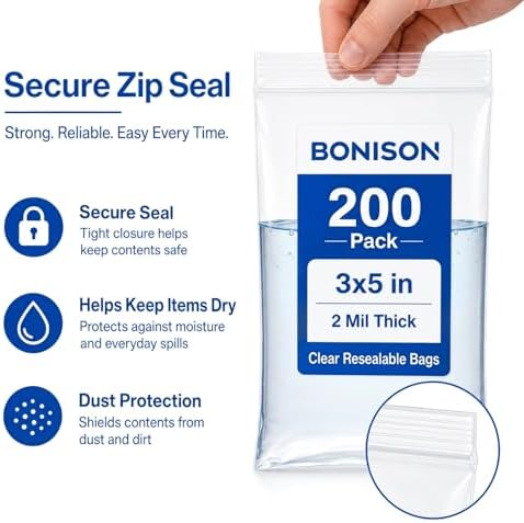 Small Plastic Bags, 200 Pack 3x5 inch 2 Mil Thick Mini Zip Jewelry Bag for Jewelry Cards, Stickers, Cookies, Crafts, Samples, Seeds, Small Business Packaging & Home Organization - Image 3