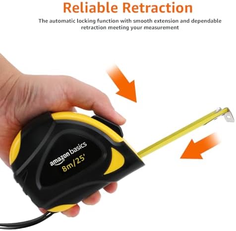 Amazon Basics Self-Locking Tape Measure, 25ft (8-Meters), Accurate Dual Scale inch/Metric, MID Accuracy, Extendable, Yellow, 2 Count (Pack of 12) - Image 3