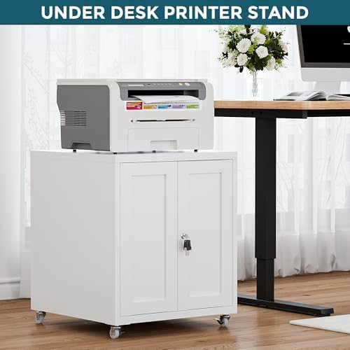 Large Printer Stand with Storage and Lock, 3D Heavy-Duty Printer Cabinet, Printer Table for Home Office with Doors and Adjustable Shelves, for Office Copier and Fax Machine, White - Image 4