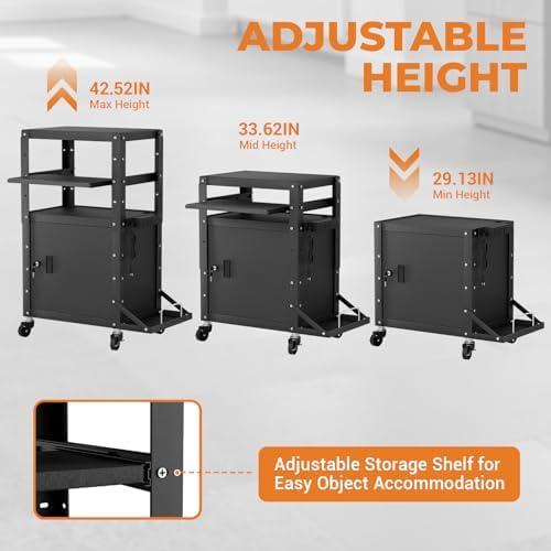 Mobile AV Cart with Side Shelves, Rolling Computer Cart Height Adjustable Rolling Media Utility Cart with Pullout Keyboard Tray Extra Storage Space, 4 Outlets, Perfect for Home or Office Use - Image 5