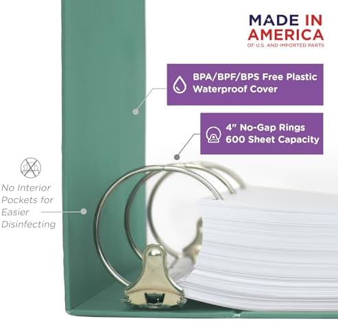 Carstens 4-Inch Heavy Duty 3-Ring Binder - Side Opening, Mint, Durable Plastic, No-Gap Rings, Waterproof Cover, No Pockets, Holds 600 US Letter Sheets, BPA-Free, Made in USA (1844-3R), Case of 10 - Image 3