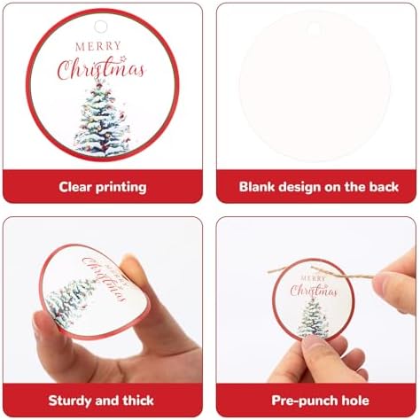 G2PLUS 100Pcs Christmas Tags for Gift, 2'' Round Merry Christmas Tree Paper Gift Tags with String for DIY Crafts, Prensent Wrapping, Xmas Holiday Party Favors - Image 3
