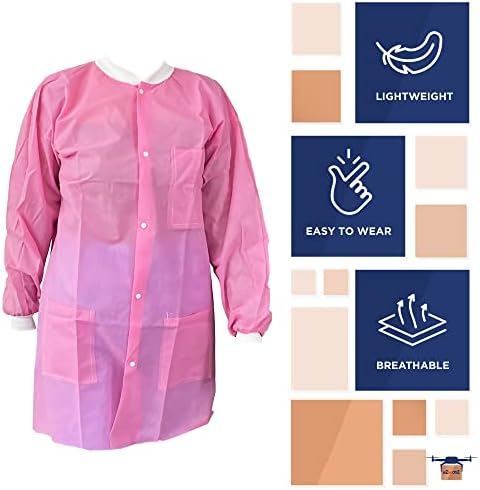 EZGOODZ Disposable Lab Coats for Adults, X-Large Light Pink, 45 GSM Polypropylene, Unisex Lab Coat with Snap Front, Knit Cuffs and Collar, 3 Pockets, Pack of 50 - Image 4