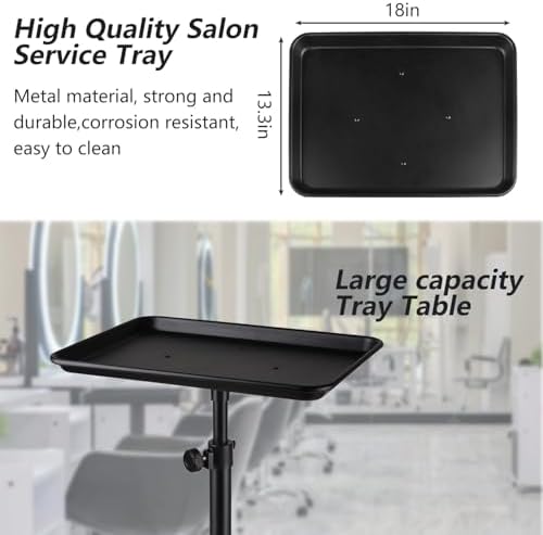 Salon Tray Cart on Wheels,Adjustable Height Rolling Tray,Aluminum Tattoo Tray,for Hair Salon,Beauty Spa,Tattoo Work Table and Hair Stylist Storage (Black) - Image 3