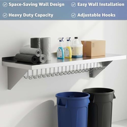 12" x 72" NSF Stainless Steel Wall Shelf, Heavy Duty Pot Pan Rack with Hooks, Commercial Kitchen - Image 4
