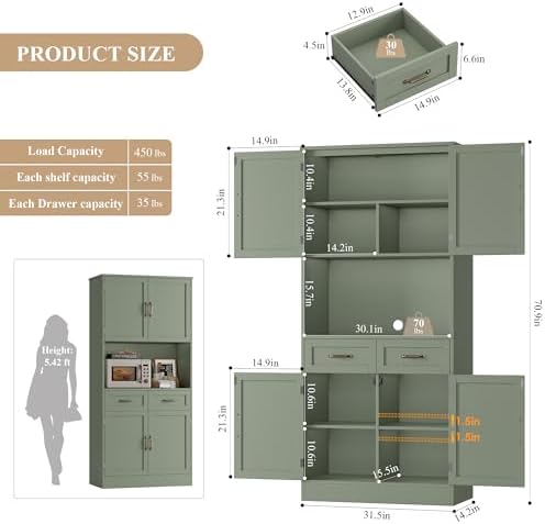 HOSTACK 71" Tall Kitchen Pantry Storage Cabinet, Wood Kitchen Hutch, Green - Image 3