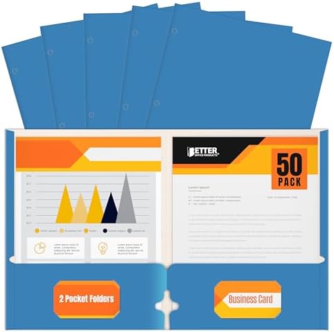 Better Office Products Blue Folders, 50 Pack Letter Size Two Pocket Folders, Folders with Pockets, Durable Paper Portfolio Folders for School Classroom Office Organization, Light Blue by BetterOfficeProducts