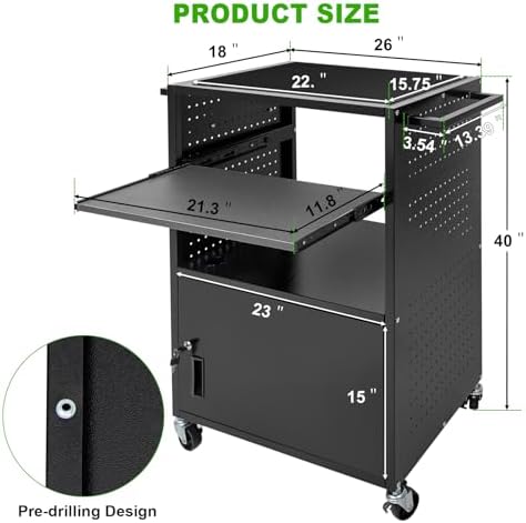 AV Cart, Computer Carts with Wheels and Power, Steel Cart with Locking Cabinet & Pullout Keyboard Tray, Projector Media Carts with Side Pegboard & 12 Hooks for School Office, Black - Image 2