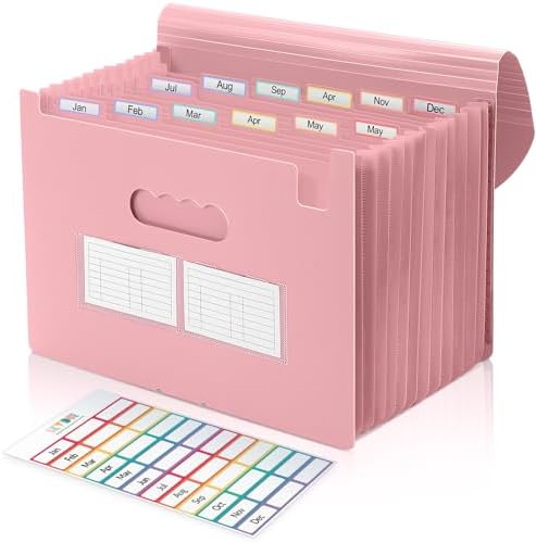 SKYDUE Accordion File Organizer, Expanding File Folder with 13 Pockets, Portable Document Paper Bill Receipt Organizer, Home School Pink Office Supplies, Letter A4 Size by SKYDUE