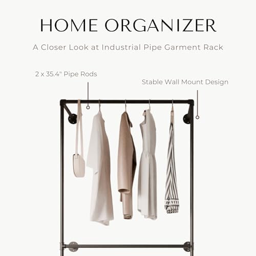 Industrial Pipe Clothing Rack, Wall Mounted Clothes Rack, 37.4", 2 Rods - Image 3