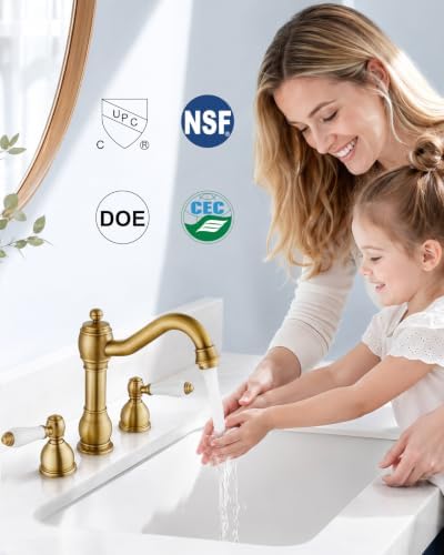 Aolemi Widespread Bathroom Sink Faucet 3 Hole White Lever Antique Brass - Image 4