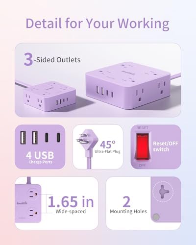 Extension Cord with Multiple Outlets, SMALLRT Flat Plug Power Strip, 6.5FT Power Strips with USB Ports, 8 Outlets, Outlets Extender for Home Office, Purple - Image 5