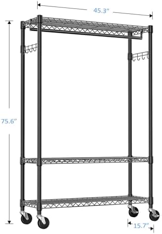 IZEUK Heavy Duty Rolling Garment Rack Wire Clothes Rack for Hanging Clothes (Black, 3 Tier with 1 Rod, 15.7" D x 45.3" W x 75.6" H) - Image 7