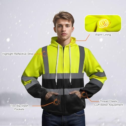 TCCFCCT Hi Vis Hoodie for Men Women Class 3 High Visibility Hoodie, Reflective Safety Hoodies for Men Workers, Surveyors, Hi Vis Sweatshirts for Men Dirt-resistant with Black Bottom, Yellow XL - Image 3