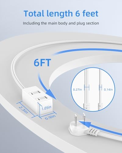 Flat Plug Extension Cord 6Ft White - 2-Prong Power Strip with 3 Polarized Outlets & Tamper Guard, 16/2 AWG 13A/1625W - Image 6