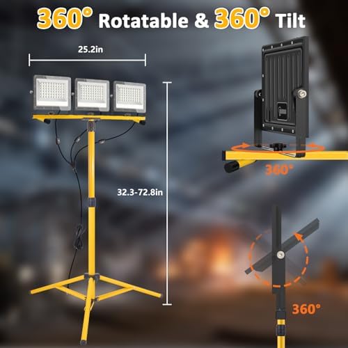 27000 Lumen LED Work Lights on Stand - 3 Head Portable Tripod Work Light- IP65 Waterproof Construction Lights with Stand for Outdoor Indoor Job Site Workshop Garage Commercial Flood Light with Stand - Image 6