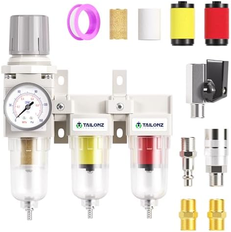 TAILONZ PNEUMATIC 0-150PSI 1/4 Inch NPT Grade 3 Stage Air Drying System, Particulate Filter, Air Filter Pressure Regulator Combo Piggyback, Air Tool Compressor Filter with Gauge (Semi-Auto Drainage） by TAILONZPNEUMATIC