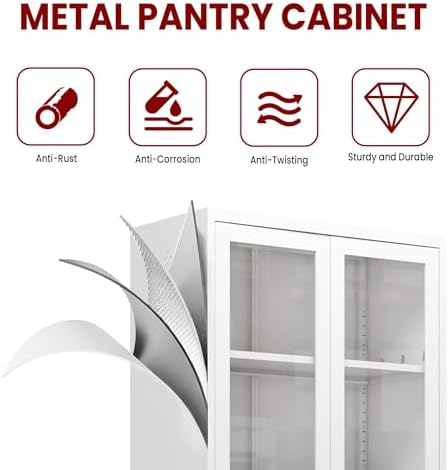AQY Kitchen Pantry Cabinet,72" White Pantry Storage Cabinet with 5 Tire Adjustable Shelves and Glass Doors,Freestanding Cupboard,Metal Pantry Cabinets with Handle for Living Room,Assembly Required - Image 5