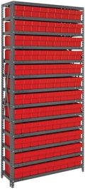 Quantum 1275-501RD Heavy Duty Shelving Unit with (13) Shelves and (108) QED501 Red Bins for Garage Warehouse Storage Distribution | 400 lb Load Capacity | 12"D x 36"L x 75"H, Galvanized Carbon Steel by QuantumStorageSystems