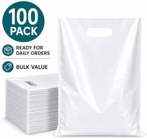 ysmile Plastic Shopping Bag for Small Business Store Retail Bag Die Cut Poly with Handle Goods Gift Wrapping 100 ct 7.8"x11.8" Extra Thick 2.5 Mil - White - Image 5
