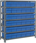 Quantum 1239-601BL Heavy Duty Shelving Unit with (7) Shelves and (36) Blue Bins (QED601) for Garage Warehouse Storage Distribution | 400 lbs Load Capacity | 12"D x 36"L x 39"H, Galvanized Carbon Steel by QuantumStorageSystems