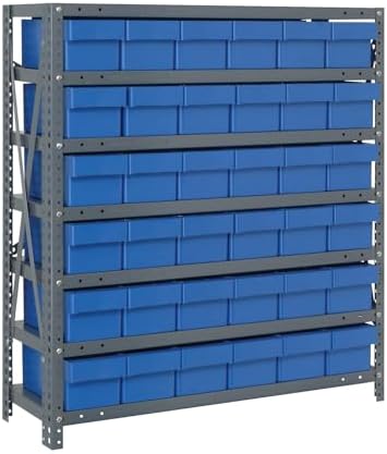 Quantum 1239-601BL Heavy Duty Shelving Unit with (7) Shelves and (36) Blue Bins (QED601) for Garage Warehouse Storage Distribution | 400 lbs Load Capacity | 12"D x 36"L x 39"H, Galvanized Carbon Steel by QuantumStorageSystems