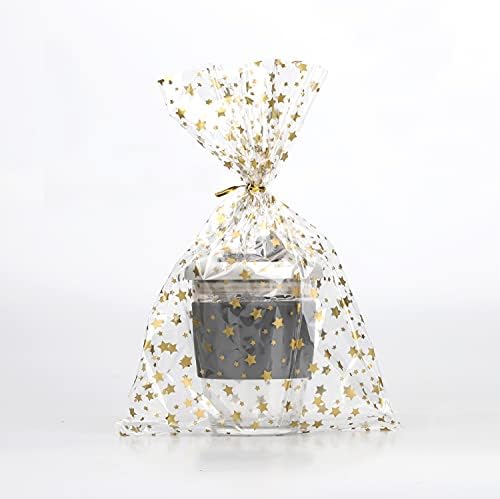100 Pcs Star Printed 6"X10" Gift Wrap Cello Cellophane Treat Bags Party Favor bags Clear Candy Cookie Bags Plastic Poly Goodie Storage Bags with Twist Ties for Bakery,Birthday, Wedding ,Party Decorations (Gold) - Image 6