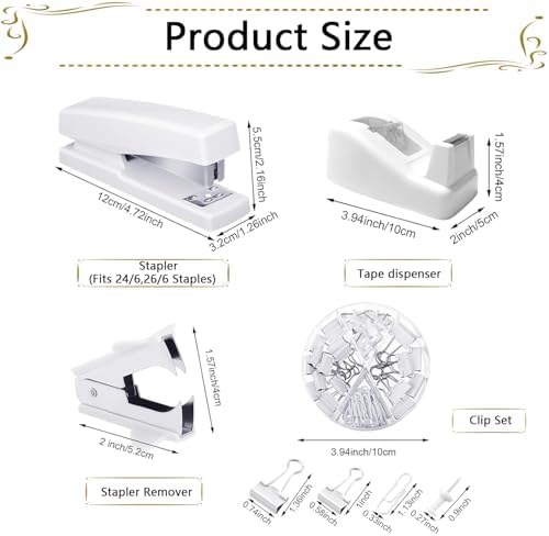 Office Supplies,White Desk Accessories,Stapler and Tape Dispenser Set for Women with Stapler,Tape Dispenser,Staple Remover,Staples,Clips,Scissors and Tabs,Gift for Students,Coworkers,Teacher,Business - Image 5