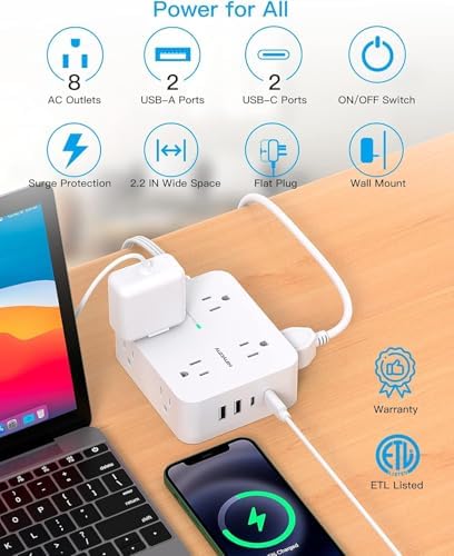 Extension Cord 10 Ft, Ultra Thin Flat Plug Power Strip Surge Protector - Image 2
