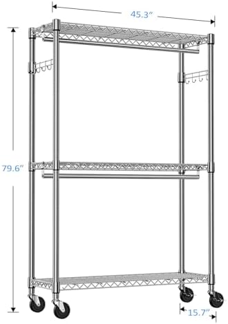 IZEUK Heavy Duty Rolling Garment Rack Wire Clothes Rack for Hanging Clothes (Chrome, 3 Tier with 2 Rod, 15.7" D x 45.3" W x 79.6" H) - Image 2