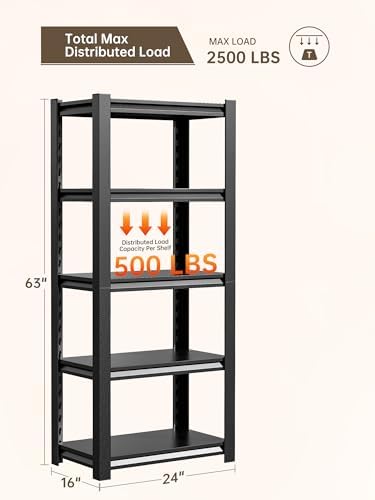 JHYKHG 63" H Storage Shelves,5-Tier Heavy Duty Garage Shelving,Adjustable Shelving Unit,Metal Shelf,Boltless Assembly Rack for Warehouse,Shed,2,500 lb Load,16 x 24 x 63 Inches,Black - Image 3