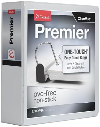 Cardinal 3 Ring Binder, Binders for School and Office, Durable 4 Inch Premier Easy Open Binder, ONE-Touch Locking Slant-D Rings, 880-Sheet Capacity, ClearVue Cover, PVC-Free, White (10340CB) by TOPSProducts