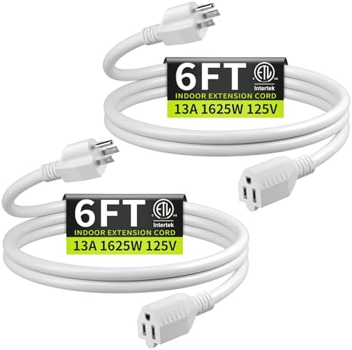 16/3 White Extension Cord 6FT 2Pack, Indoor, Short Extension Cord by Seeklyze