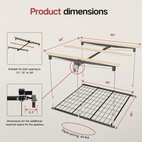 Overhead Garage Storage Rack for 10–12 FT Ceiling, Heavy-duty 4x4 FT Ceiling Storage Racks with Safety Lock, Ideal for Garage Storage Mounted Lift System and Storage Organizer, 250lbs Capacity - Image 3