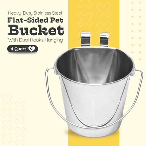 4 Quart Stainless Steel Flat Sided Bucket with Dual Hooks | 1 gal Durable Food & Water Bowl for XL Dogs, Cats, Goat & Livestock | Fits kennel Cage Critter Crate | Hanging Utility Pet Pail - Image 2