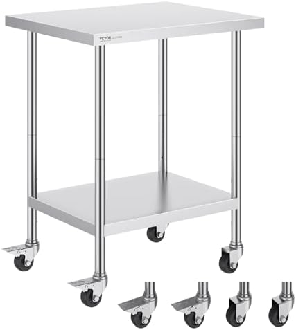 VEVOR Stainless Steel Work Table 24 x 30 x 38 Inch, with 4 Wheels, 3 Adjustable Height Levels, Heavy Duty Food Prep Worktable for Commercial Kitchen Restaurant, Silver by VEVOR