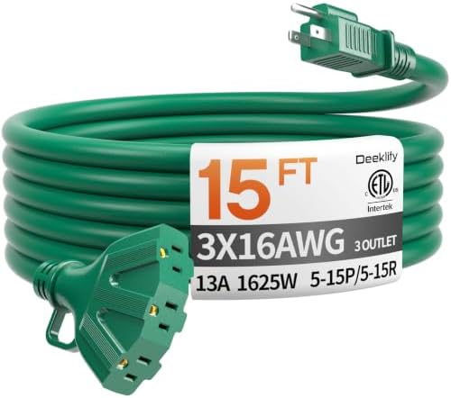 15FT 16 Gauge Green Outdoor Extension Cord with Multiple Outlets by Deeklify