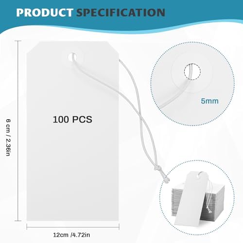 100 Pack White Shipping Tags with Elastic String - Image 2