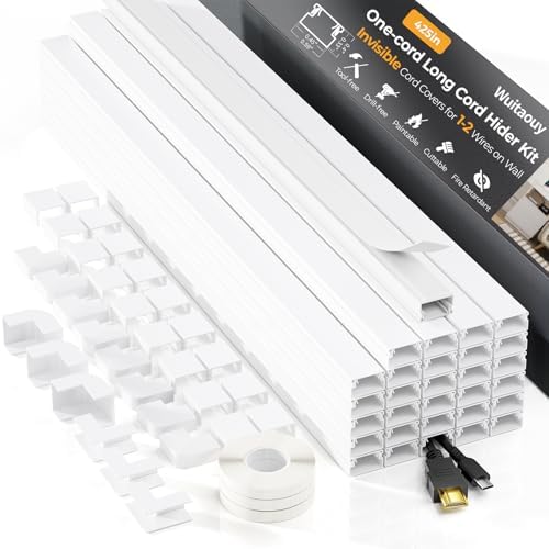 Cord Hider, 425in Cord Covers for 1-2 Wires on Wall, Paintable Cable Hider Wire Covers for Cords on Walls, Easy Set-up Cable Cover Cable Concealer to Hide Cables on Wall, W0.59 H0.4in, White by Wuitaouy